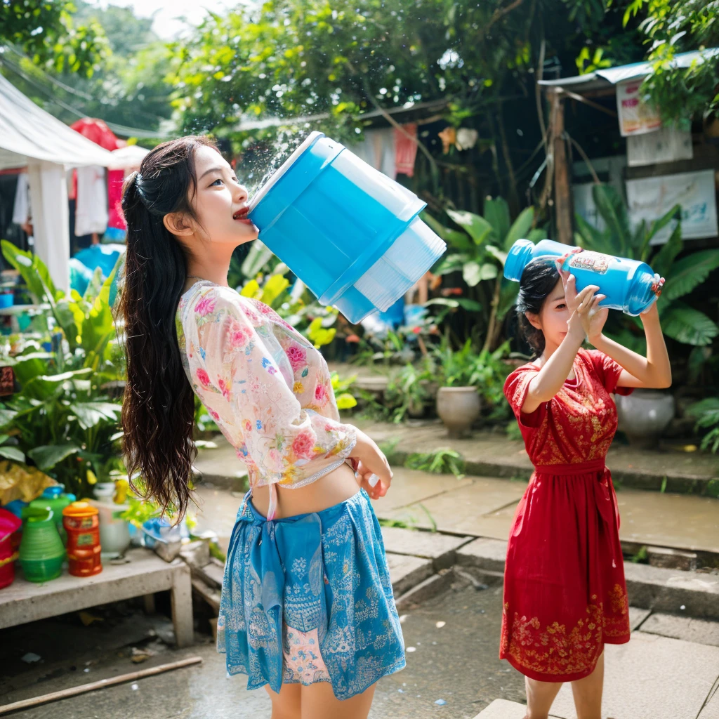 songkran,(((She doesn't have an umbrella))),Wet roads , soaked through,drenched, Dripping, Wet Face,Wet clothes, Wet Skin, Wet Hair,A young woman with a cute face like an idol,chest,((chestの谷間)),((Full body portrait)),(White blouse),cling,RAW Photos,Genuine,Genuine,High resolution,RAW Photos,masterpiece, Genuineistic, beautiful