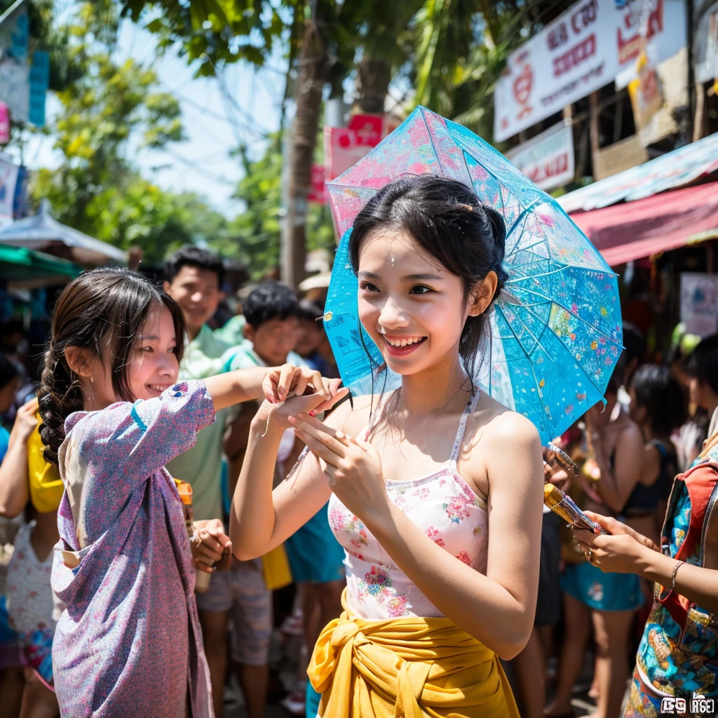 songkran,(((She doesn&#39;t have an umbrella))),Wet roads , soaked through,drenched, Dripping, Wet Face,Wet clothes, Wet Skin, Wet Hair,A young woman with a cute face like an idol,chest,((chestの谷間)),((Full body portrait)),(White blouse),cling,RAW Photos,Genuine,Genuine,High resolution,RAW Photos,masterpiece, Genuineistic, beautiful