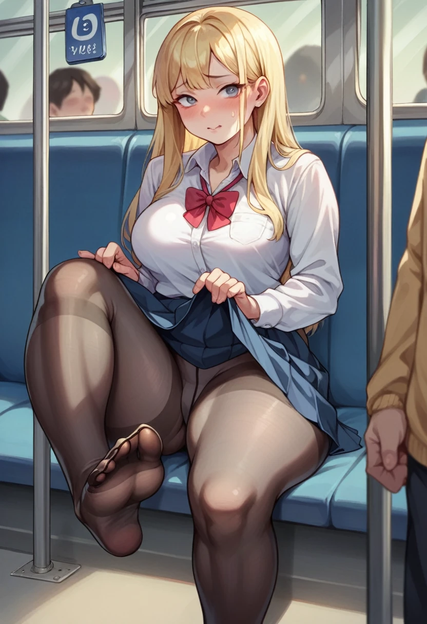 NSFW, photorealistic, top-quality, masterpiece, 1 Korean women , female only, ABSOLUTELY NO MALE, absolutely no men, VERY crowded female only subway train interior detailed scenario, VERY crowded Korean female only subway train interior detailed background, sitting on subway chair insanely hot (woman 1), (blonde hair) using sexy ((school uniform)), (((lifted skirt)), (thick thighs), (slightly neutral expression) (black tights pantyhose), (showing feet), slightly blushed face,