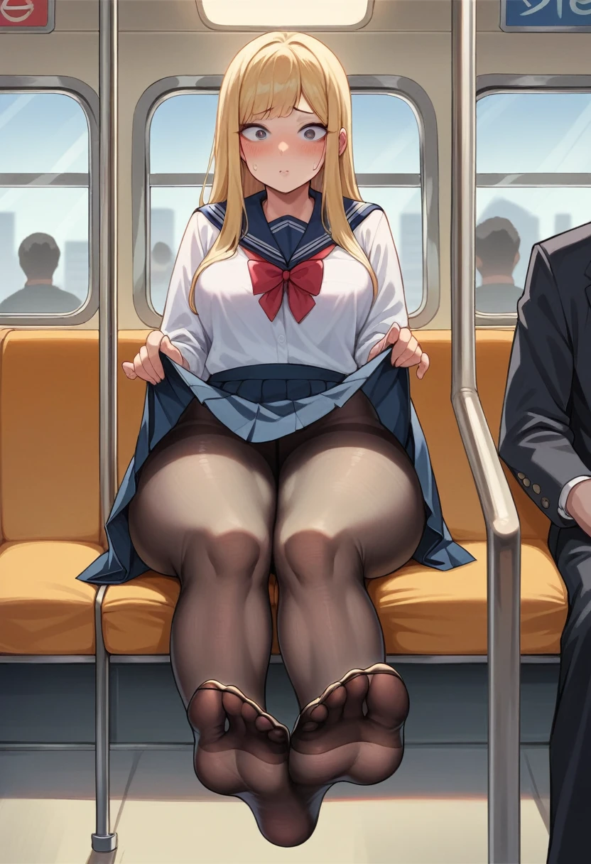 NSFW, photorealistic, top-quality, masterpiece, 1 Korean women , female only, ABSOLUTELY NO MALE, absolutely no men, VERY crowded female only subway train interior detailed scenario, VERY crowded Korean female only subway train interior detailed background, sitting on subway chair insanely hot (woman 1), (blonde hair) using sexy ((school uniform)), (((lifted skirt)), (thick thighs), (slightly neutral expression) (black tights pantyhose), (showing feet), slightly blushed face,