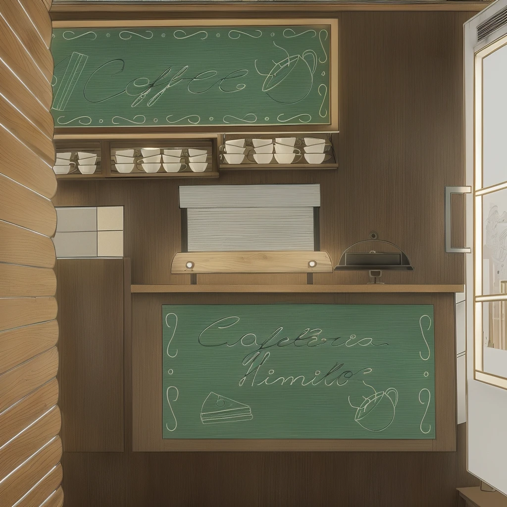 there is a drawing of a cafeteria with a sign on the counter, cafeteria, small hipster cafeteria, cozy cafeteria background, interior ilustrado do starbucks, detalhou um café de jazz vazioteria, cafeteria, cafeteria interior, cafeteria for mice, mysterious cafeteria girl, inspirado em Oswaldo Viteri, café da lanchonete, Renderização 2D, inspirado em Carlos Catasse