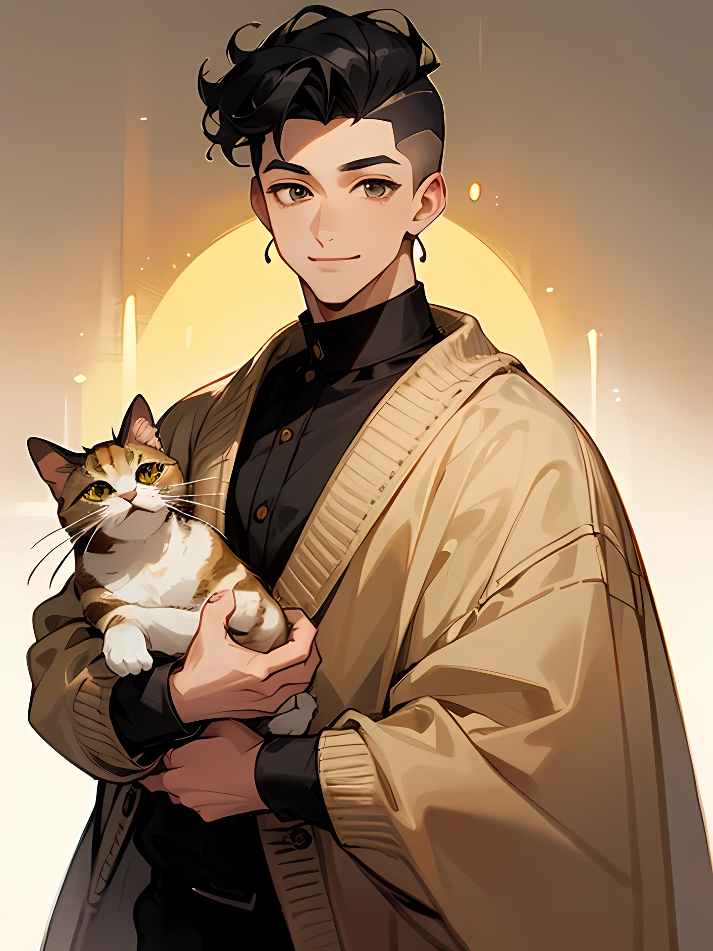 solo, man, short curly perm, black color hair,undercut, big forehead, smile,male's eyes, slim body, beige sweater, refreshingly handsome face holding a beige calico cat,
