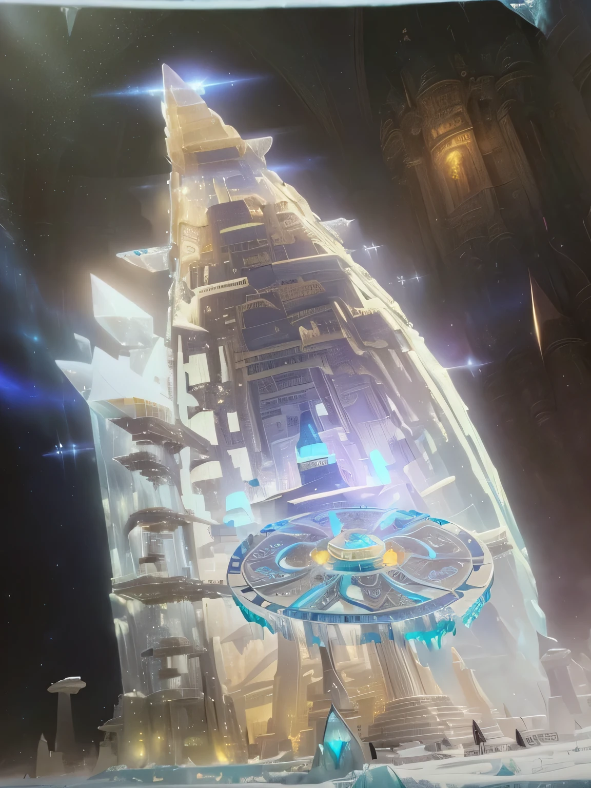 there is a picture of a very large ice sculpture on display, ornate spaceship painting, ( Wheel of Fortune ), Giant Aztec spaceship, still video, Solarpunk spaceship, a hologram, Holographic artifacts, Holographic projection, Favela Spaceship Cathedral, Vivid!!, high resolution!!, promotional art, Screenshot, crystallized time warps, Ethereal Hologram Center
