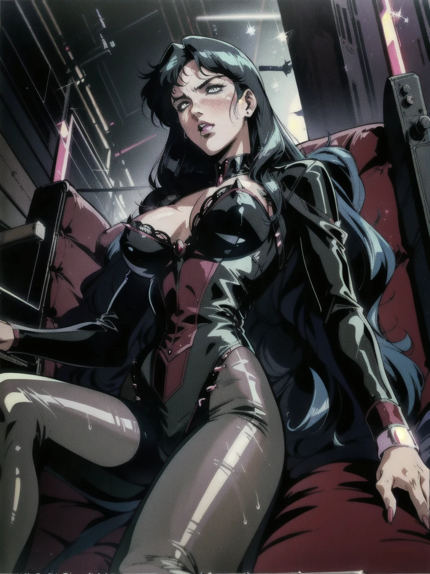 ((((retro anime)) of a gothic vampire sitting)), ((gothic ruby cockpit)), ((from below)), (80 fov), ((gothic ((control panels)) everywhere)), ((mature)), ((vampiric)), (iridescent bodysuit), lace accessories, dark big lips, ((baroque pilot seat)), ((((lying back pose)))), ((elegant)), (((serious tone))), futuristic, top spacecraft control panel, ((dark place)), intricate control panel details, 1990s (style), [blushing], sweat, masterpiece, claustrophobic, sparkles, limited colors
