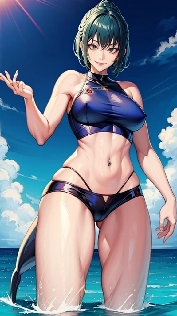 Maki zenin sexy dolphin booty shorts and navel piercing,. smiling