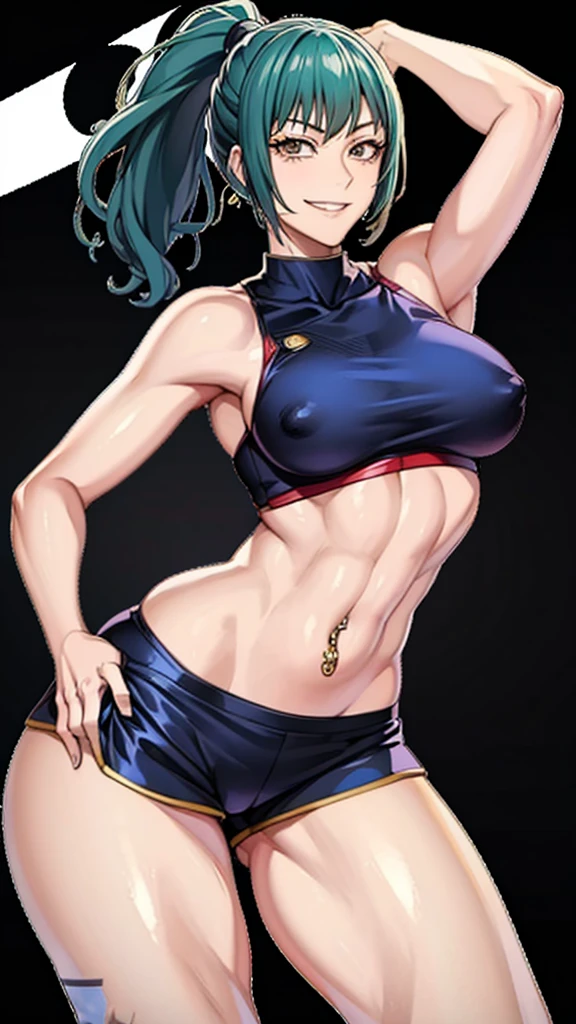 Maki zenin sexy dolphin booty shorts and navel piercing,. smiling 