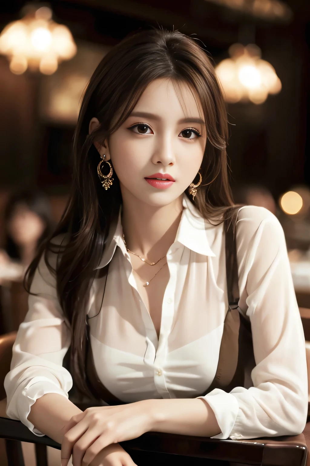 masterpiece, Highest quality, Realistic, Very detailed, Finer details, High resolution, 8k wallpaper, One beautiful woman, Wear an elegant see-through shirt, In a great restaurant, At night, Light brown messy hair, Perfect dynamic composition, Beautiful and beautiful eyes、Big earrings、Sit on a chair、