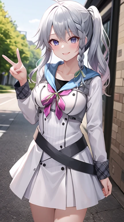 masterpiece, best quality, highres, aasora, braid, long hair, side ponytail, hair ribbon, , sailor collar, pink bow, white shirt, long sleeves, belt, white skirt, cowboy shot, standing, smile, outdoors, peace sign,