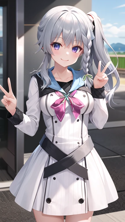 masterpiece, best quality, highres, aasora, braid, long hair, side ponytail, hair ribbon, , sailor collar, pink bow, white shirt, long sleeves, belt, white skirt, cowboy shot, standing, smile, outdoors, peace sign,