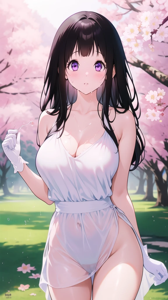 Amazing Chitanda, There is only one beautiful girl,Purple Eyes, Black Hair, Very red face,Very white skin,Glowing skin,Skin as delicate as porcelain,Naturally straight hair, Straight bangs,Extremely refined,Open lips,Long flowing hair,Beautiful Girl, Like a dream,Slim,Slim waist,Soft, (Sensual), (Kawaii), Dream quality,Beautiful big breasts,Transparent loose dress,Areola,Completely naked,White gloves,Flower decoration,Deep V neckline,Loose neckline,Wide neckline,Walking in school,Place your hands on your inner thighs,Thighs clamp hands,Wet skin,Sweaty and sweaty,Sweating all over,Underwear Rain,Next to the cherry blossom trees,Back to,Lean over,Hips,Side body,Gluteal groove,Completely naked的臀部,Bare back,Completely naked的背部,Light transmission,(no pants),nopan,pussy juice,Bare shoulders,Bare neck,Exposed collarbone,Exposing breasts,Exposing breasts侧面,Exposing breasts下面,Show your waist,Show your buttocks,Show your thighs,Exposing the groin,(No pants),extremely shy,Ultra-high resolution, (masterpiece:1.2, best quality), (Delicate and beautiful eyes: 1.2), (Beautiful and delicate face)