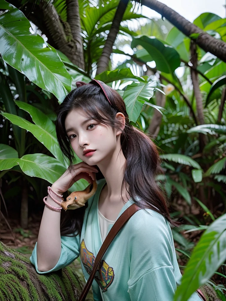 Chica linda como wang yiren, in jurassic park jurassic park with a little dinosaur.