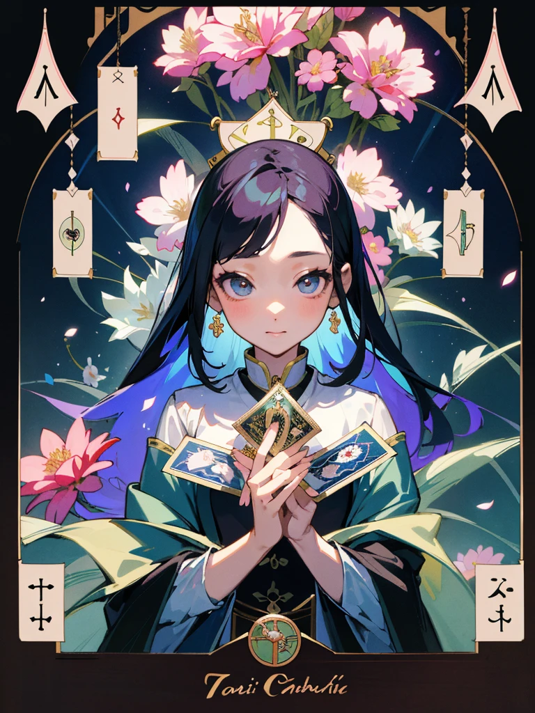 Highest quality、masterpiece、High resolution、Perfect detail、(Very nice and beautiful:1.1)、(Official Art、Beautiful and aesthetic:1.2)、(Fractal Art:1.3)、(Lots of flower effects:1.4)、One girl、Looking_in_Audience、portline、solo、Very vibrant colors、(Various flower effects:1.3)、Lots of petals、beiniful lights、Quality beauty、(A detailed face with detailed eyes:1.1)、(Beautiful and vivid background: 1.1)、美しい女性fortune tellerとクリスタル、(Tarot Cards:1.4)、Ren Hao、ribbon、Flowers and petals、beautiful concept illustrinion、fortune teller&#39;tent in a dark alley、Under the hood、Ugly old woman in strange gypsy costume sitting in table、Tarot Cardsとウィジャボードに手を置きます