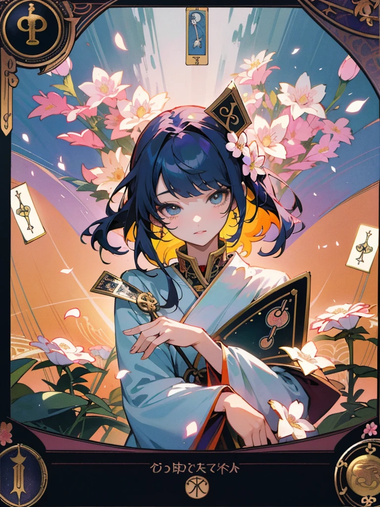 Highest quality、masterpiece、High resolution、Perfect detail、(Very nice and beautiful:1.1)、(Official Art、Beautiful and aesthetic:1.2)、(Fractal Art:1.3)、(Lots of flower effects:1.4)、One girl、Looking_in_Audience、portline、solo、Very vibrant colors、(Various flower effects:1.3)、Lots of petals、beiniful lights、Quality beauty、(A detailed face with detailed eyes:1.1)、(Beautiful and vivid background: 1.1)、美しい女性fortune tellerとクリスタル、(Tarot Cards:1.4)、Ren Hao、ribbon、Flowers and petals、beautiful concept illustrinion、fortune teller'tent in a dark alley、Under the hood、Ugly old woman in strange gypsy costume sitting in table、Tarot Cardsとウィジャボードに手を置きます