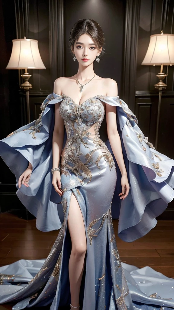 this, this,Off-shoulder dress, ((whole body)), ((From below)), ((gufeng,Bare shoulders)), Clear face, Pretty Face, 8K, masterpiece, original photo, best quality, detail:1.2,lifelike, detail, Very detailed, CG, Unity, wallpaper, Depth of Field, lamp, lens flare, Ray Tracing, (Extremely beautiful face, Beautiful lips, beautiful eyes), complicated, detail的脸, ((ultra detailed skin)), 1 girl, in the darkness, Deep Shadows, Beautiful Korean girl, Korean pop idol,(Very slim figure:1.3), Full , Slender sexy leElegant Posture, (A bright smile), (City night, (霓虹l), (night), Beauti Korean girl, White Diamond Earrings, Bracelet diameter, Deya Necklace, Clear eyes, Facing forward, (big eyes)