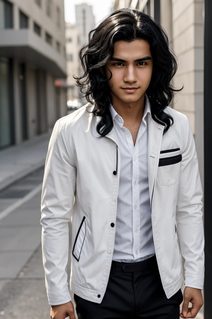 boy with wavy black hair, with black eyes and white skin with an expression of annoyance and taking the jacket still young businessman of twenty three years with brown hair and black eyes of white skin with an arrogant smile