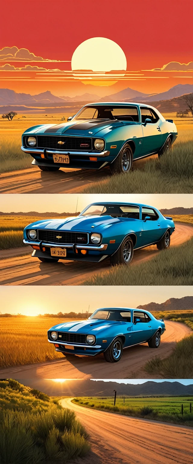 stylized digital 美術 featuring a vintage red Ford T parked by a dusty dirt road through a field during sunset. Blue car, warm orange sky, Yellow and red, with the sun setting on the horizon. (Draw a car from behind),(The body color is shiny blue.),Blue Chevrolet Camaro.1973 model.The fields are covered with tall grass swaying in the wind.(Paved road)(The size of the car is half of the total)The grass is painted in shades of green and brown., There are some bright spots, This may have been an 美術istic choice to emphasize the intensity of the scene.. The overall 美術 style is reminiscent of Cartoon art, Bold lines and a limited color palette enhance the dramatic effect of the scene..Red Dead Redemption's visual style, at sunset, Cartoon art, Then MArtin, sunset!, Eddie Mendoza, sunset illustration sun, Featured Art, Digital colorful illustration, (masterpiece), Highest quality