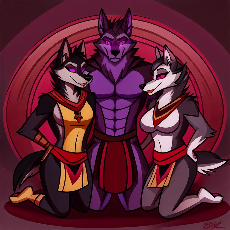(masterpiece, best quality:1.2), Vortex female and male hellhounds couple, wolf, furry, helluva boss, yellow_tabard, tribal clothes, hypnotized with completely spyral glowing purple eyes with no irises or pupils, kneeling before their master