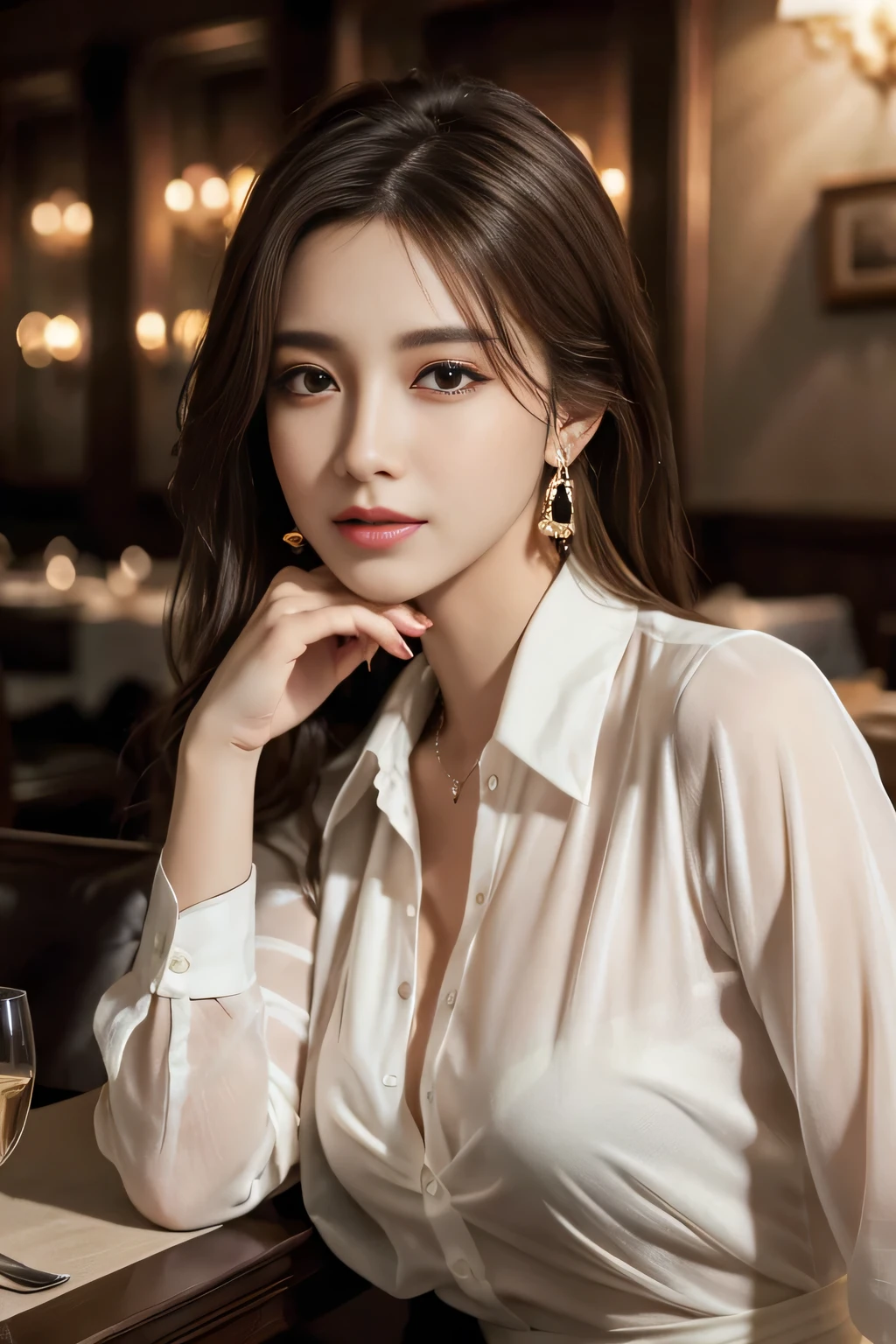 masterpiece, Highest quality, Realistic, Very detailed, Finer details, High resolution, 8k wallpaper, One beautiful woman, Wear an elegant see-through shirt, In a great restaurant, At night, Light brown messy hair, Perfect dynamic composition, Beautiful and beautiful eyes、Big earrings、Sit on a chair、