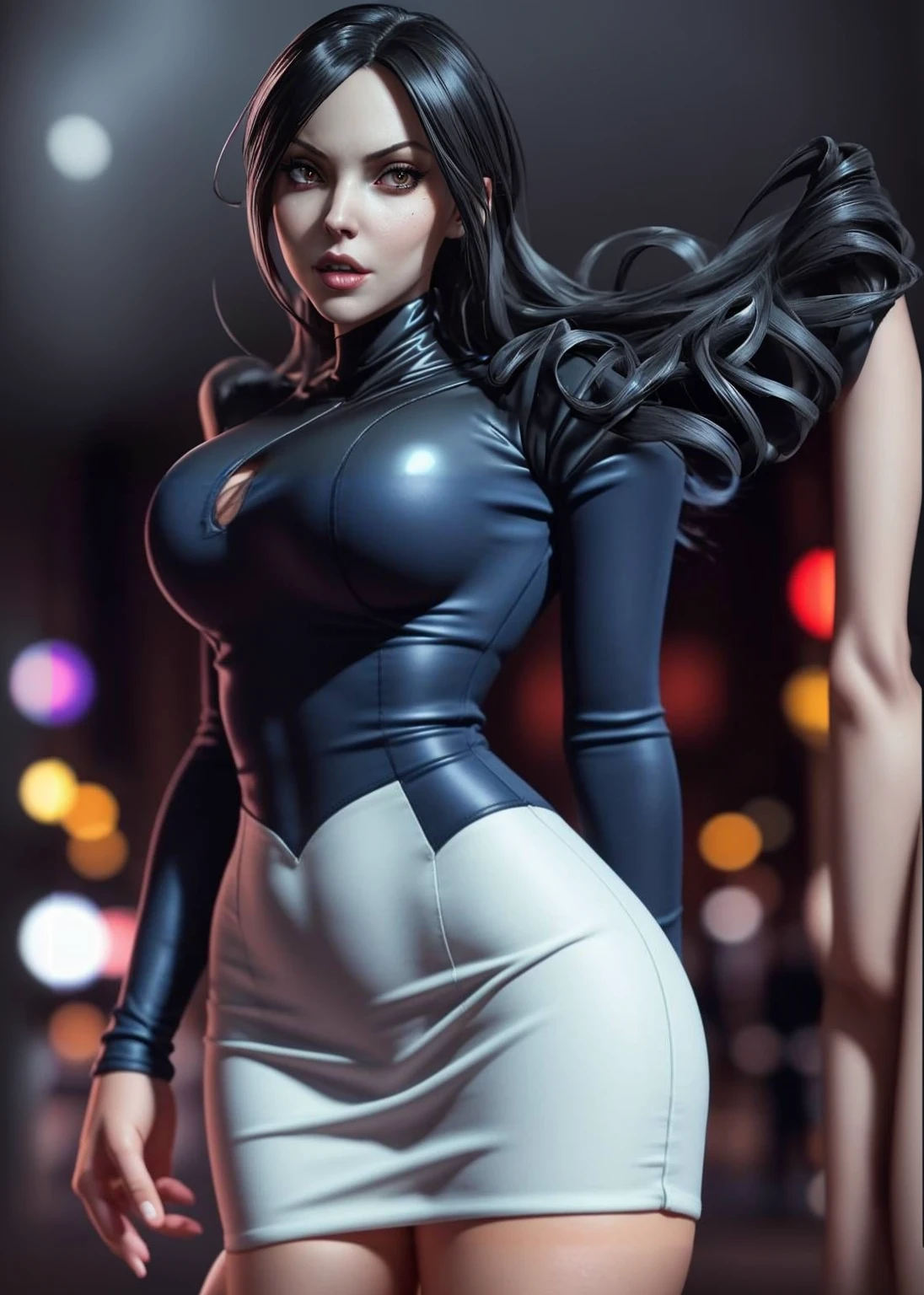 Full body view of a woman in a black and white dress, tight dress, succubus in tight short dress, skintight dress, sexy dress, tight attire, tight outfit, tracer in a skintight dress, very sexy outfit, photorealistic perfect body, sexy outfit, latex dress, smooth tiny details, glamorous jill valentine, smooth digital concept art