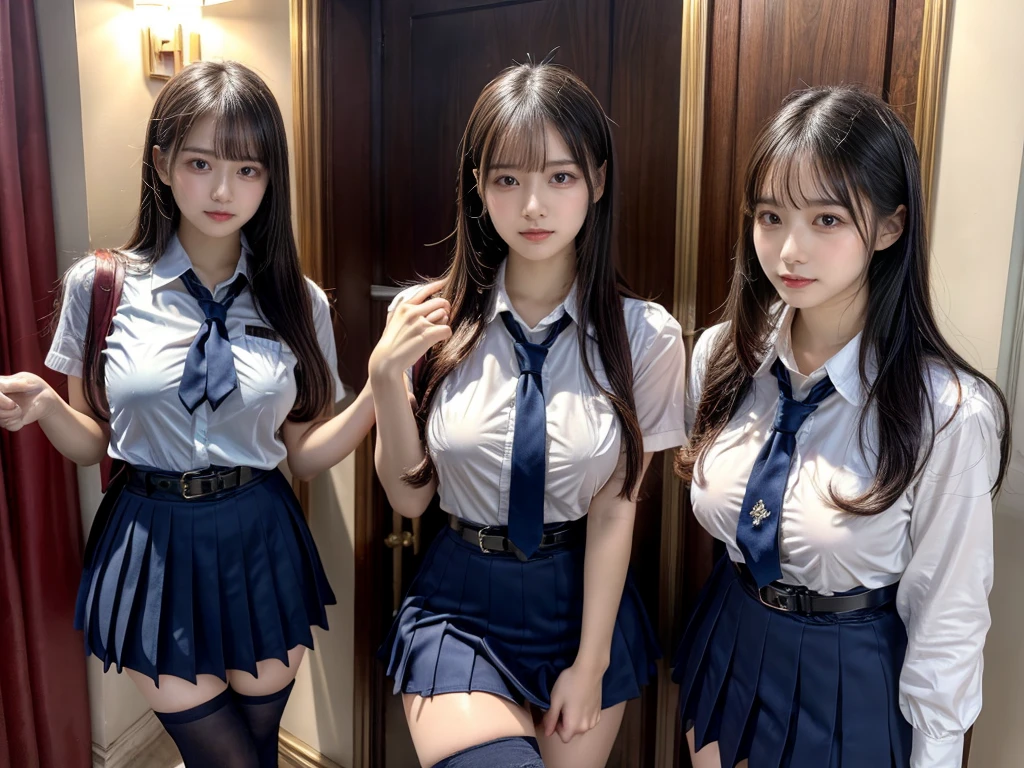 (8K, Raw photography, top-quality, masterpiece:1.2), master piece, best quality, illustration, Super detailed, fine details, High resolution, 8K,wall paper, perfect dynamic composition,(Details High quality, realistic depiction of eyes:1.3), ((2 girls, 2 schoolgirls)), The background is a luxury hotel room、High school girl uniform、Super Short Check Uniform Skirt、Navy blue high socks、garterbelts、Colossal tits、Disturbed uniform, Play with each other,Touching each other's bodies,Touching the body of the girl next door, short bob hair, black hair color, huge breasts, Big Natural Color Lip, bold sexy pose, (perfect body shape), crying a little、cold gaze, Beautiful makeup,glitter makeup,Cutest 18 years old, beautiful legs, hposing Gravure Idol, Voluptuous thighs