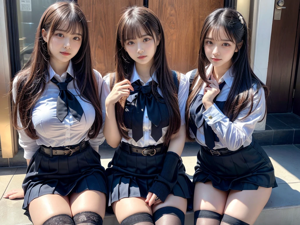 (8K, Raw photography, top-quality, ​masterpiece:1.2), master piece, best quality, illustration, Super detailed, fine details, High resolution, 8K,wall paper, perfect dynamic composition,(Details High quality, realistic depiction of eyes:1.3), ((2 girls, 2 schoolgirls)), The background is a luxury hotel room、High school girl uniform、Super Short Check Uniform Skirt、Navy blue high socks、garterbelts、Colossal tits、Disturbed uniform, Play with each other,Touching each other's bodies,Touching the body of the girl next door, short bob hair, black hair color, huge breasts, Big Natural Color Lip, bold sexy pose, (perfect body shape), crying a little、cold gaze,  Beautiful makeup,glitter makeup,Cutest 18 years old, beautiful legs, hposing Gravure Idol, Voluptuous thighs