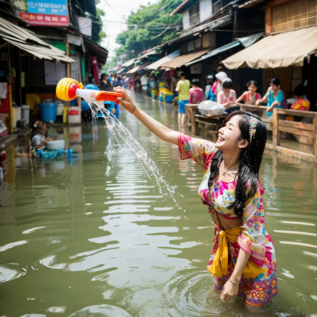 songkran,(((It's raining but I don't have an umbrella))),Wet roads , soaked through,drenched, Dripping, Wet Face,Wet clothes, Wet Skin, Wet Hair,A young woman with a cute face like an idol,chest,((chestの谷間)),((Full body portrait)),(White blouse),cling,RAW Photos,Genuine,Genuine,High resolution,RAW Photos,masterpiece, Genuineistic, beautiful