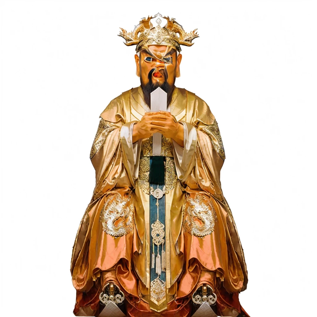 ancient chinese man with beard, emperor robe, holding a white arrow shape Metalplate,  dragon patterns on robe, furious face, big eye, big eyebrow, semi human semi dragon face