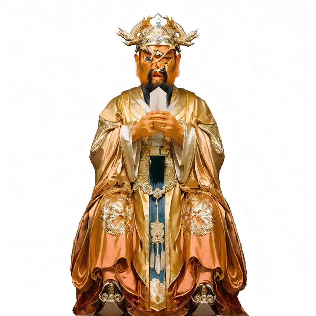 ancient chinese man with beard, emperor robe, holding a white arrow shape Metalplate, dragon patterns on robe, furious face, big eye, big eyebrow, semi human semi dragon face