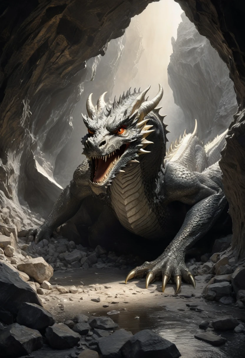 stunning black and white graphite sketch of Smaug the dragon in a cave filled with gold and jewels treasure, panaramic shot, from The Lord Of The Rings trilogy, in dynamic pose, by Anna Razumovskay, (by Alyssa Monks:1.1), by Joseph Lorusso, by Lilia Alvarado, beautiful lighting, sharp focus, 8k, high res, (pores:0.1), (sweaty:0.8), Masterpiece, Nikon Z9, Award - winning photograph, --ar 16:9 --style raw --stylize 750 --niji 6, perfect composition, beautiful detailed intricate insanely detailed octane render trending on artstation, 8 k artistic photography, photorealistic concept art, soft natural volumetric cinematic perfect, wide angle view