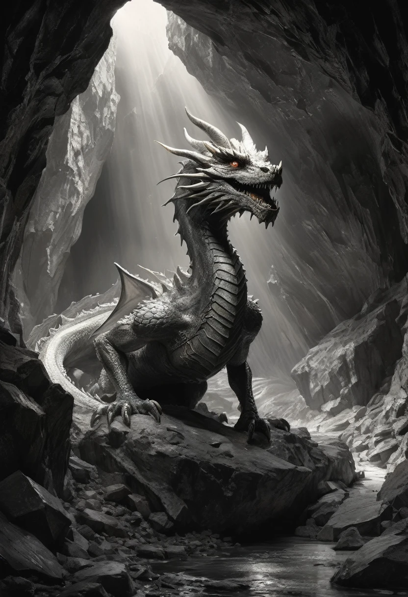 stunning black and white graphite sketch of Smaug the dragon in a cave filled with gold and jewels treasure, panaramic shot, from The Lord Of The Rings trilogy, in dynamic pose, by Anna Razumovskay, (by Alyssa Monks:1.1), by Joseph Lorusso, by Lilia Alvarado, beautiful lighting, sharp focus, 8k, high res, (pores:0.1), (sweaty:0.8), Masterpiece, Nikon Z9, Award - winning photograph, --ar 16:9 --style raw --stylize 750 --niji 6, perfect composition, beautiful detailed intricate insanely detailed octane render trending on artstation, 8 k artistic photography, photorealistic concept art, soft natural volumetric cinematic perfect, wide angle view
