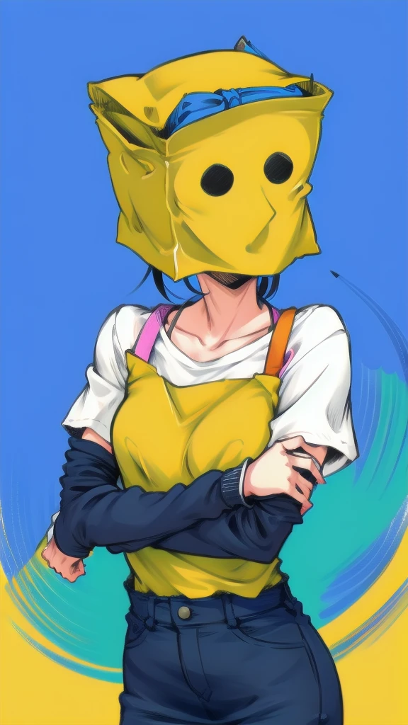 masterpiece, best quality, highres, uh1, shirt, raglan sleeves, romaji text, clothes writing, collarbone, long sleeves, denim shorts, dark grey pantyhose, fang, smile, manga coloring, standing, brown short boots, big breasts, (highrise_mask)