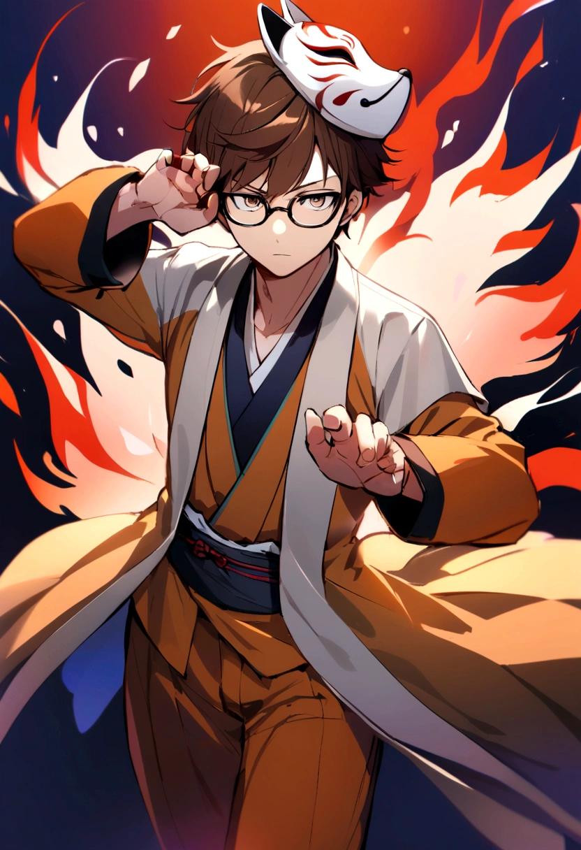 A boy with brown hair, glasses, wearing a broken fox mask.