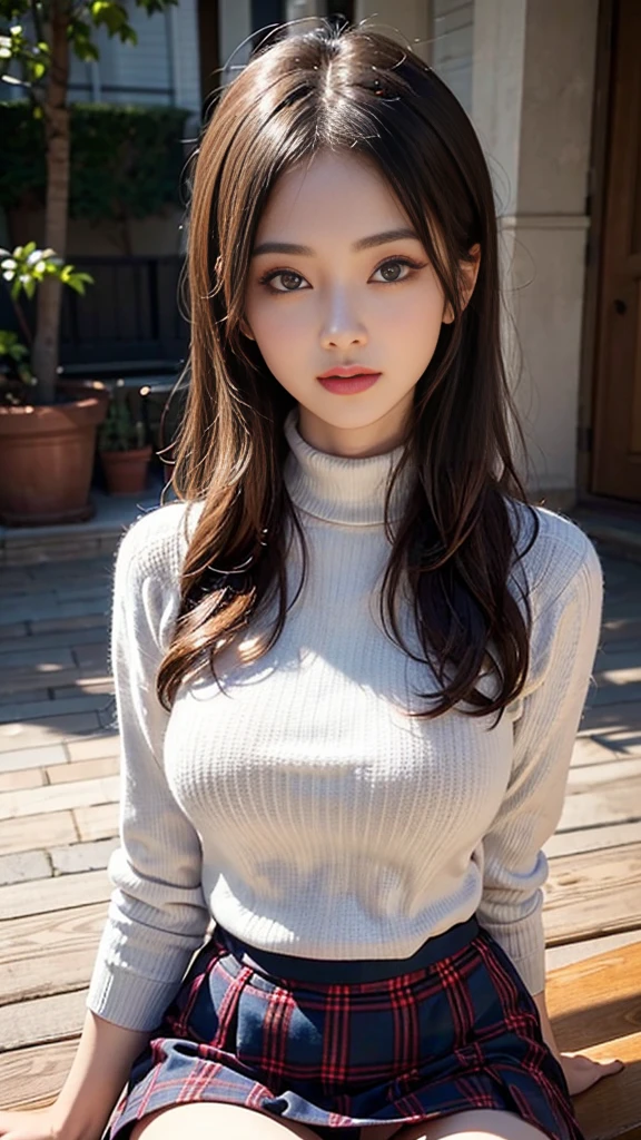 (8Khigh resolution), (best quality), (RAW image quality),(On the table:1.2), (Practical), (Practical:1.37), Oval face,White-eye,Long eyelashes,Double eyelids,(Live-action Practical style),Ultimate Face,Practical light and shadow,Clear facial features,Milky white skin,White skin, High Detail Skin,Practical skin details,Visible pores,(Very detailed),Random hair length, (Flowing hair),Take the best portraits,,Very detailedな, 1- Girl, Lovely,Beautiful and delicate eyes, Beautifully detailed nose, Very delicate skin,whole body ,(eye contact),(Large Breasts、Full breasts)、(Double eyelidsの美しい顔),((whole body画像)), (realism: 1.4),high resolution, Excellent details, ultra high resolution, (Show your most beautiful smile to the audience),,Beautiful face,,20 years old,(Beautiful Face 1.4),slim, (long hand knitted turtleneck sweater:1.2)、(Plaid pleated skirt:1.2),((Don't tuck your sweater into your skirt、Long sleeve:1.2)),((Autumn scenery)),shooting in the city,(whole bodyショットです.),Sweater color random,Skirt color random