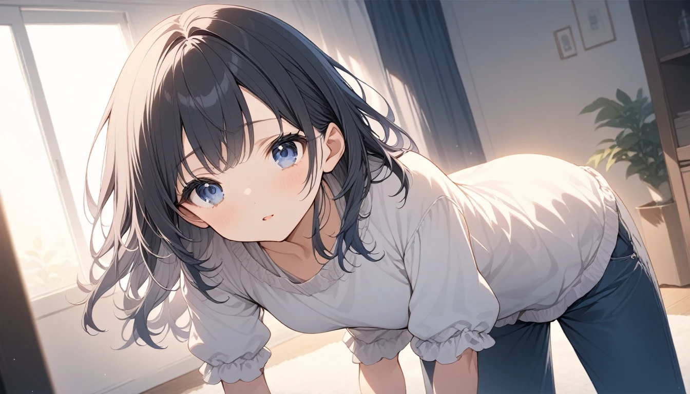 (masterpiece:1.3)、(Highest quality:1.3)、 (Perfect hands:1.2)、(Perfect Anatomy:1.2)、Highly detailed CG、night、Living room at home、A cute girl with black hair and dark blue eyes in casual clothes、The girl is standing and facing forward、There is no one but the girl、Hands down
