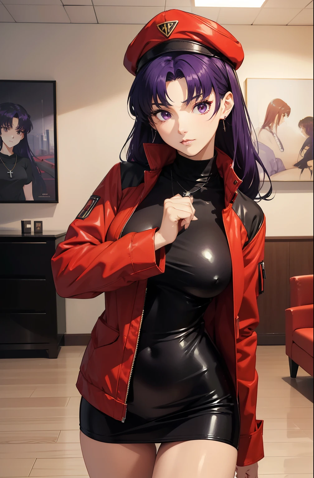 1 Female, clothing: black bodycon, Short tight black dress, The eyes are brown, Purple Hair, Medium Hair, compensate, Cross Necklace, expensive, The body is slim, Misato katsuragi (Hmph), (((Misato katsuragi))), indoor, living room, (((Front view))), View Viewer, Nice thighs, Perfectly detailed face, Detailed hands and fingers, Masterpiece 1.1, Trending on Art Station, pixiv quality, (((Fine art:jaw))), Exquisitely crafted, Ultra Graphics, sfw version, (((Mature 1.1))), clothing: Jacker, Red jacket, Red bullet hat、Symmetrical face、