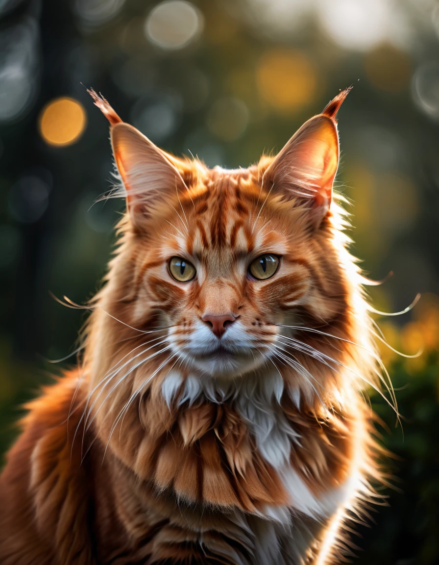 Hyperrealistic ginger Mainecoon cat picture realistic style, dramatic lighting, gloomy, cloudy  nature, weather, bokeh