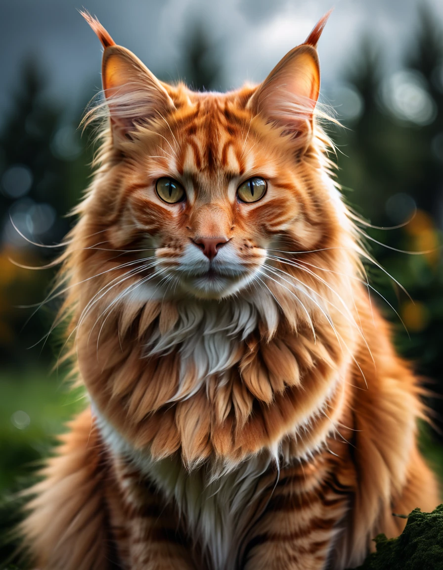 Hyperrealistic ginger Mainecoon cat picture realistic style, dramatic lighting, gloomy, cloudy nature, weather, bokeh