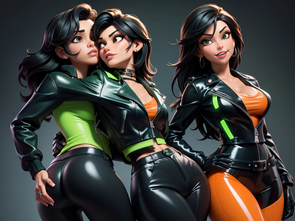 obra prima, melhor qualidade, ((gina gershon, black hair)) head back, sassy wicked, open mouth, big teeth smile, thick smoky black eye shadow, long fake eyelashes, sultry eyes, ((dark orange leather biker jacket,)) biker jacket has stiff collar, leather blouse, ((neon green pvc skinny pants,)) studs zippers snaps, shiny leather gloves, nip slip, body is skinny, laying down hugging each other on sofa, shiny tight buttocks, arched back, mashing breasts, (passionate kissing,) camera view of whole body, looking up at me, shallow depth of field, highres, HD, 8k, anatomically correct