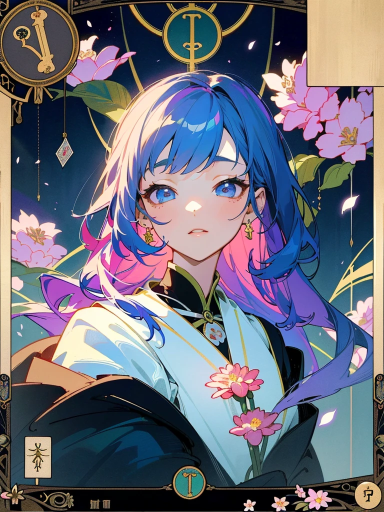 Highest quality、masterpiece、High resolution、Perfect detail、(Very nice and beautiful:1.1)、(Official Art、Beautiful and aesthetic:1.2)、(Fractal Art:1.3)、(Lots of flower effects:1.4)、One girl、Looking_in_Audience、portline、solo、Very vibrant colors、(Various flower effects:1.3)、Lots of petals、beiniful lights、Quality beauty、(A detailed face with detailed eyes:1.1)、(Beautiful and vivid background: 1.1)、美しい女性fortune tellerとクリスタル、(Tarot Cards:1.4)、Ren Hao、ribbon、Flowers and petals、beautiful concept illustrinion、fortune teller&#39;tent in a dark alley、Under the hood、Ugly old woman in strange gypsy costume sitting in table、Tarot Cardsとウィジャボードに手を置きます