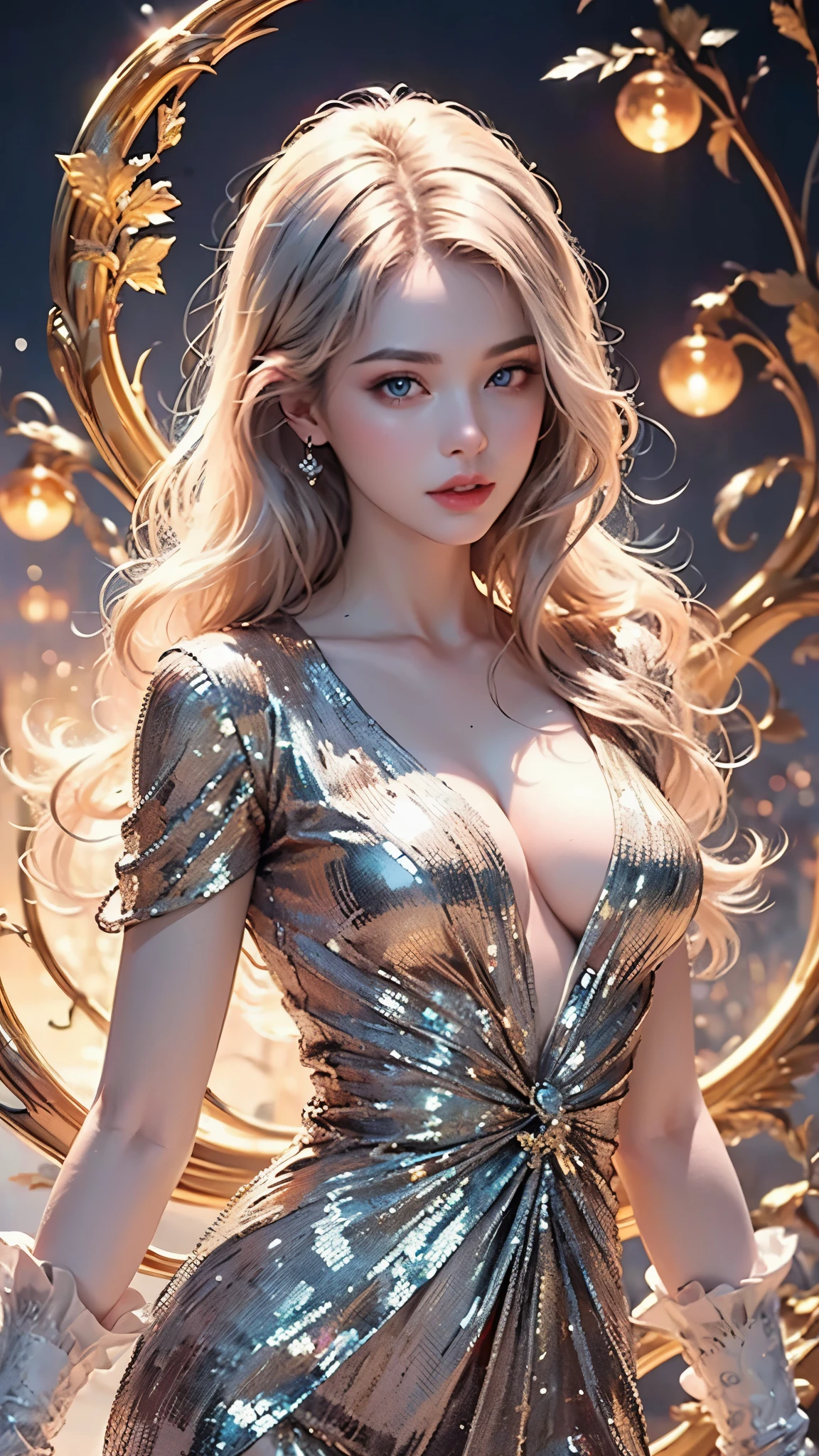 elegant woman in a luxurious ballroom, (masterpiece, top quality, official art, Beautiful and beautiful:1.2), (1 beautiful girl), Surreal science fiction, High resolution, Super detailed, Ultra-precise depiction, alone, (Zentangle:1.2), flowing white hair, shiny skin, (Abstract:1.2), Red shawl, looking at the audience, cyberpunk robot, complex, halo, photorealistic, 8k, ultra-detailed, highly realistic, cinematic lighting, flawless skin, piercing eyes, beautiful flowing hair, intricate makeup, stunning evening gown with sequins and shimmering details, graceful pose, soft natural lighting, warm color tones, masterpiece, art of the highest quality