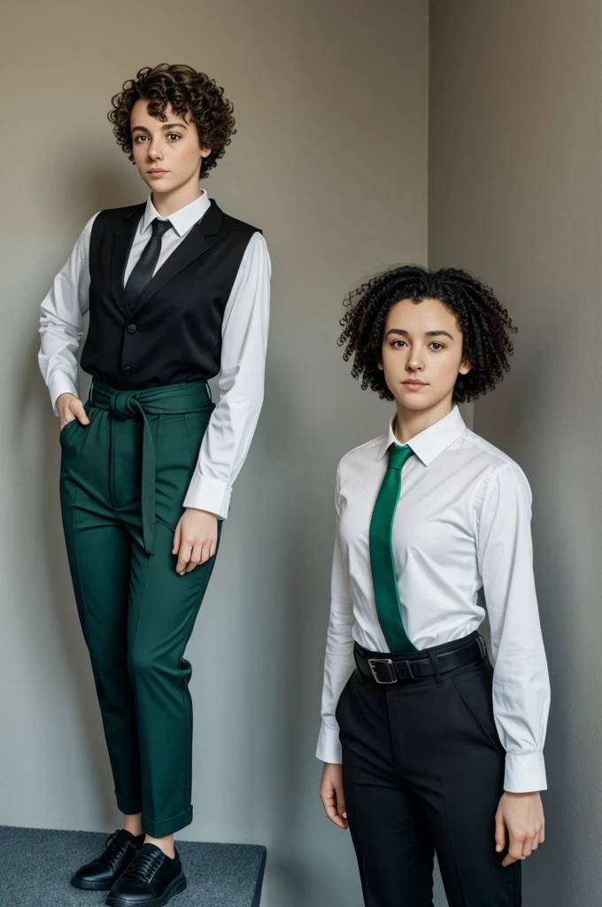 White person with very short curly hair measuring 1.60 who weighs 60kg and has black pants, black belt, black shoes, sky blue shirt and green tie