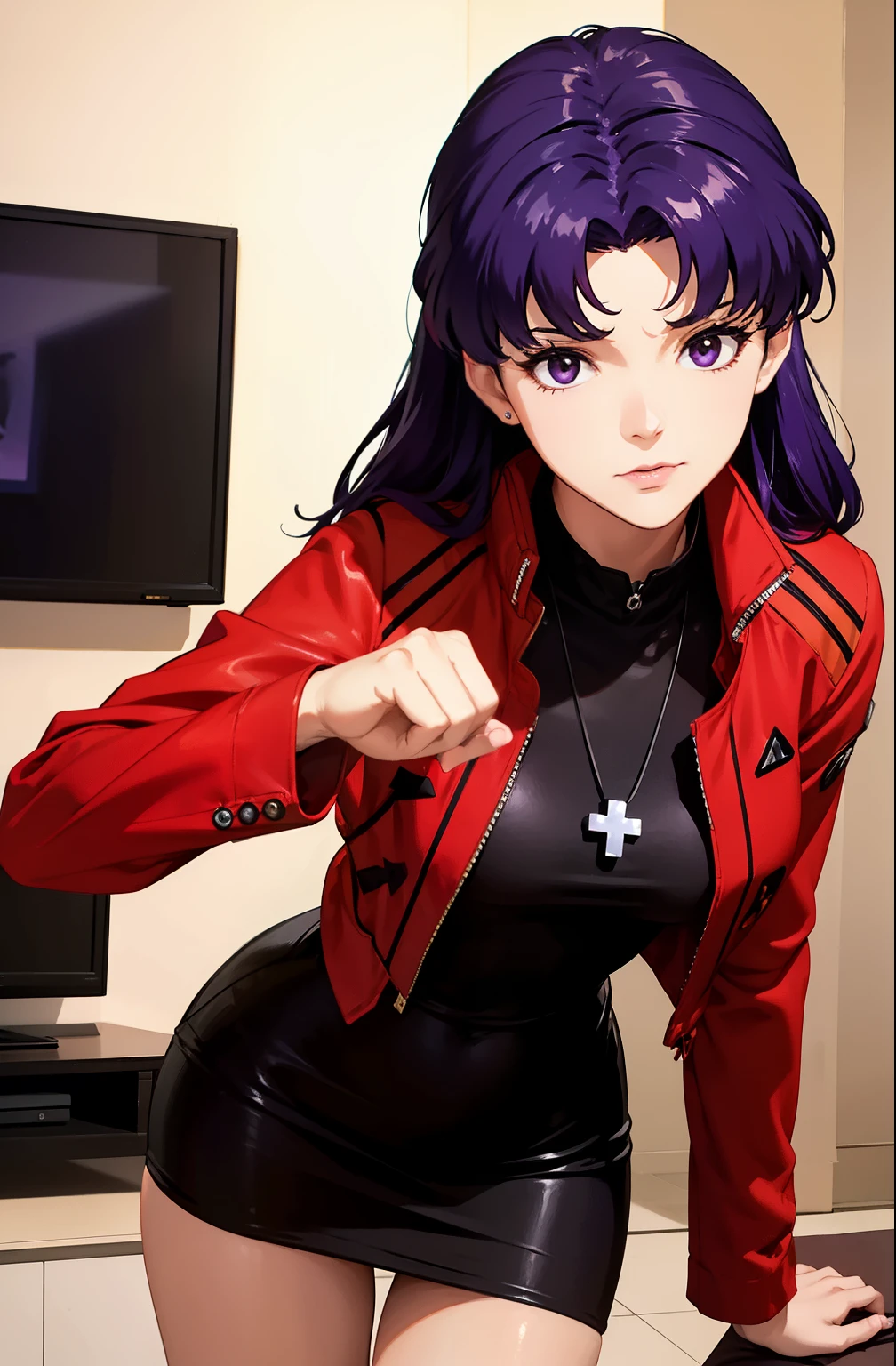 1 Female, clothing: black bodycon, Short tight black dress, The eyes are brown, Purple Hair, Medium Hair, compensate, Cross Necklace, expensive, The body is slim, Misato katsuragi (Hmph), (((Misato katsuragi))), indoor, living room, (((Front view))), View Viewer, Nice thighs, Perfectly detailed face, Detailed hands and fingers, Masterpiece 1.1, Trending on Art Station, pixiv quality, (((Fine art:jaw))), Exquisitely crafted, Ultra Graphics, sfw version, (((Mature 1.1))), clothing: Jacker, Red jacket, Red bullet hat、Symmetrical face、
