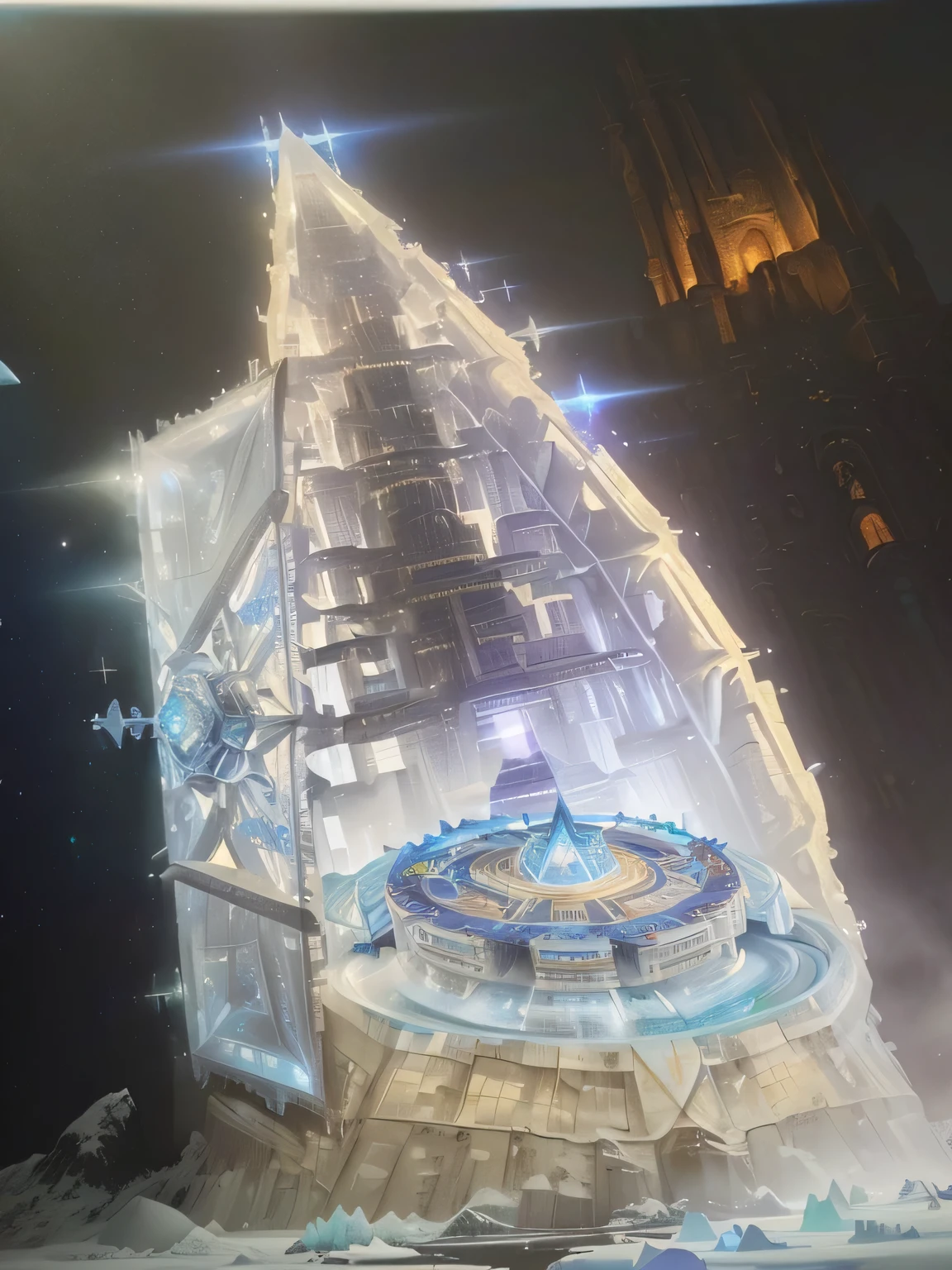there is a picture of a very large ice sculpture on display, ornate spaceship painting, ( Wheel of Fortune ), Giant Aztec spaceship, still video, Solarpunk spaceship, a hologram, Holographic artifacts, Holographic projection, Favela Spaceship Cathedral, Vivid!!, high resolution!!, promotional art, Screenshot, crystallized time warps, Ethereal Hologram Center
