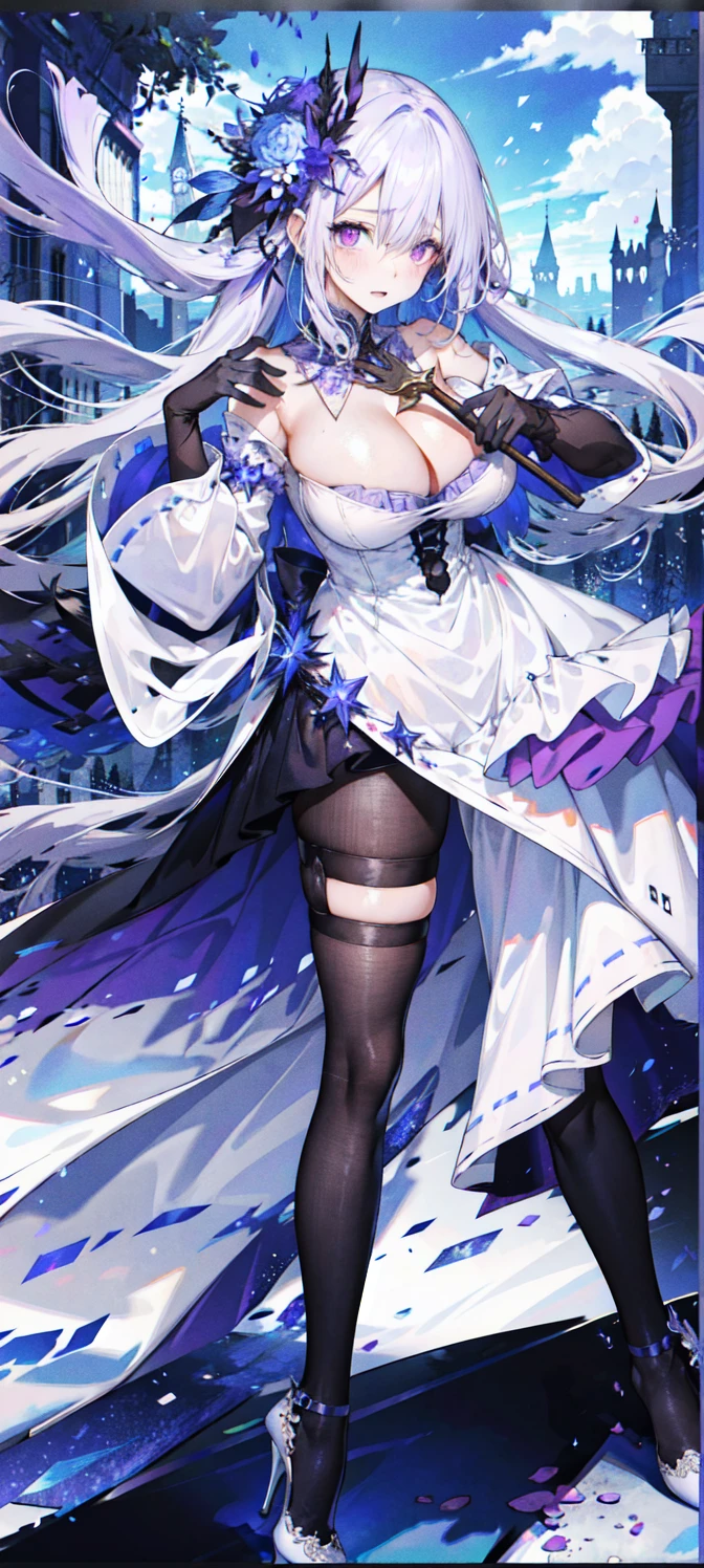 （（masterpiece：1.4，best quality）），（Super detailed），（Extremely detailed eyes），（Shiny socks：1.5），Hello Darkness
（Cute girls），，（Blood-red pupils，Diamond-shaped pupil：1.15），Purple Eyeshadow，（elongated hair，Thick hair，Single ponytail，shiny hair：1.5）（Changes through：1.2），despair，sad，Empty eyes，tears streaming down my face，tilting its head to the side，
（She wore a blue dress，：1.5），（Black gloves：1.4）Very long plush sleeves，White，White Cloud，Dream bubbles ，Ice and glitter effects
（Black long skirt：1.1），
（（Starry Sky：1.2）），
（Intense black and white：1.16），（Depth of Field：1.4），，Intricate details，(((Detailed background，Castle in the Sky，Purple flowers by the lake)))，(((Huge breasts，Bare breasts，Deep cleavage，White stiletto high heels，Transparent clothes)))