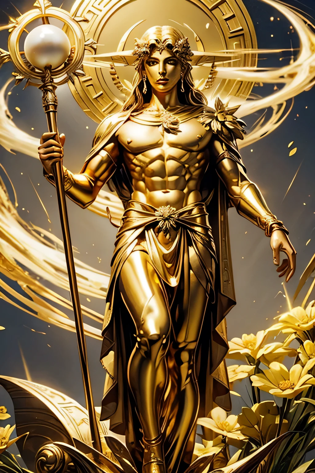 Address facing front, golden flowers, Greek mythology, Apollo, standing, divine, golden background, scepter