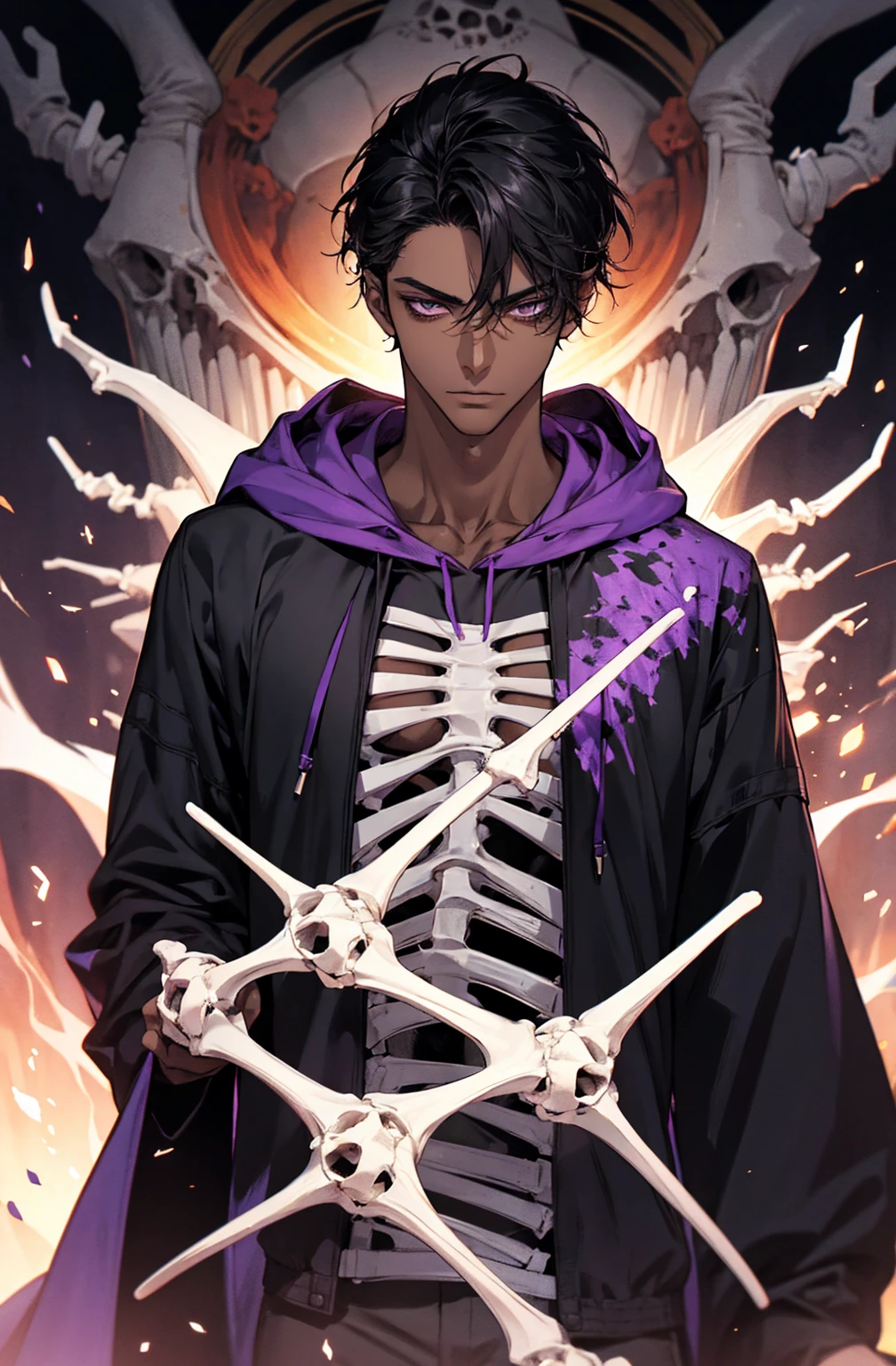male with bones, looking away from camera, skulls, bones, handsome, black, dark skin, tall, broad shoulders, black hair, purple, purple fire, magic, detailed face, fantasy, hoodie
