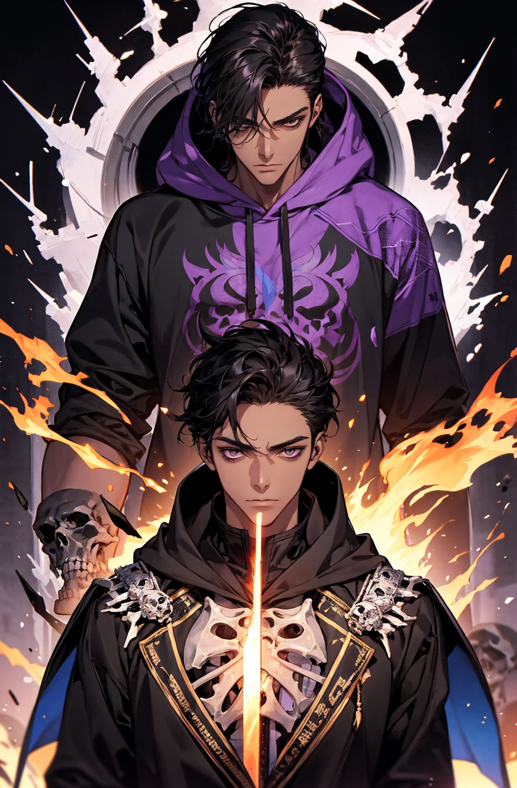 male with bones, looking away from camera, skulls, bones, handsome, black, dark skin, tall, broad shoulders, black hair, purple, purple fire, magic, detailed face, fantasy, hoodie
