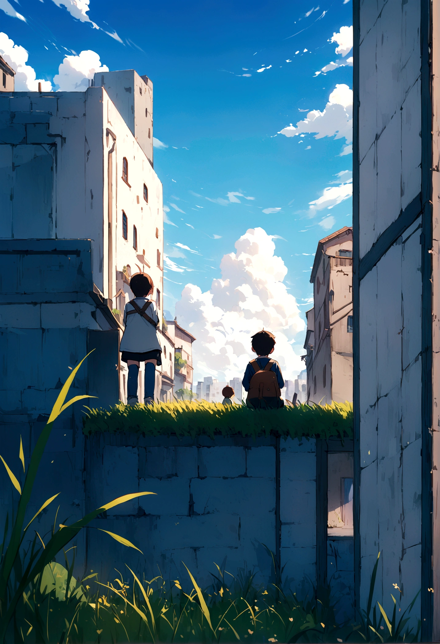 Daytime Town、The sky is wonderful、blue sky、3 year old little boy sitting on top of a building、Brown Hair、Back view、The city is bright with the sun、Highest quality、Anime Scenery、Xin Haichen、building、Field、blue sky 110207, distant 3 year old little boy staring at the,(Zoom out:1.1),(blue sky:1.2)、(blue sky:1.1,yourname、Low Angle、From behind、Alola、blue sky、grassland、Standing in the Field、Highest quality、masterpiece、cloud、colorful、blue sky、