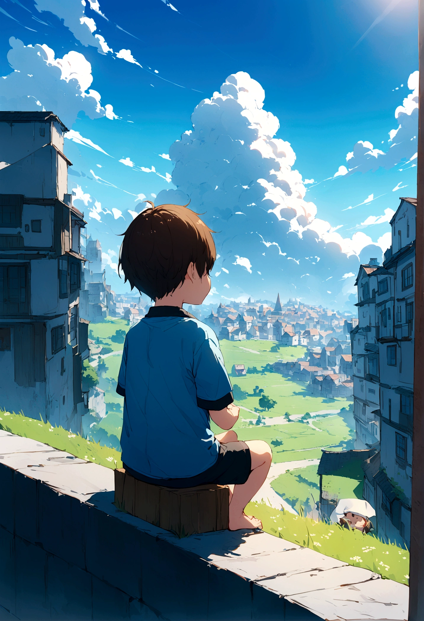 Daytime Town、The sky is wonderful、blue sky、3 year old little boy sitting on top of a building、Brown Hair、Back view、The city is bright with the sun、Highest quality、Anime Scenery、Xin Haichen、building、Field、blue sky 110207, distant 3 year old little boy staring at the,(Zoom out:1.1),(blue sky:1.2)、(blue sky:1.1,yourname、Low Angle、From behind、Alola、blue sky、grassland、Standing in the Field、Highest quality、masterpiece、cloud、colorful、blue sky、