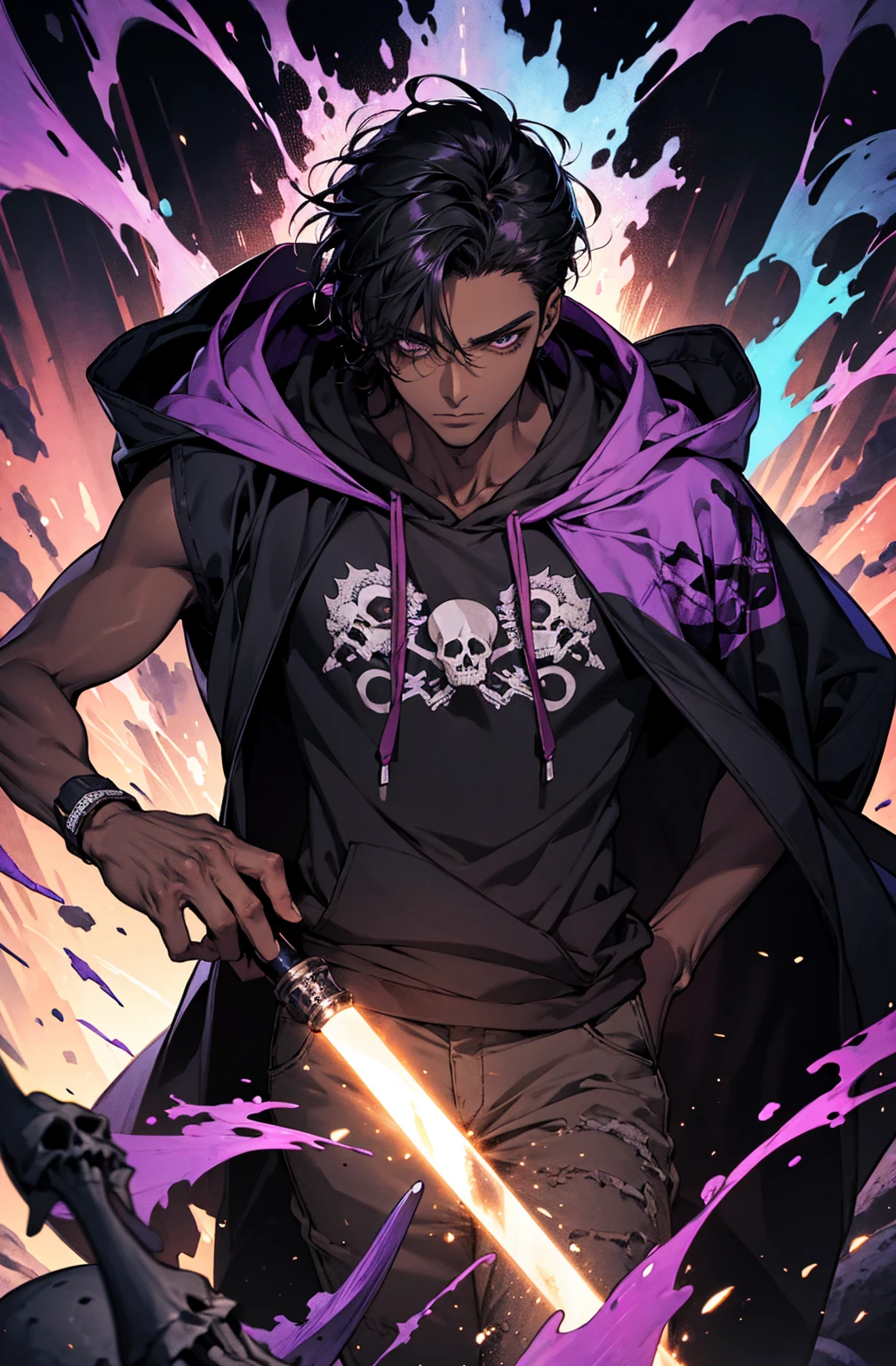 male with bones, looking away from camera, skulls, bones, handsome, black, dark skin, tall, broad shoulders, black hair, purple, purple fire, magic, detailed face, fantasy, hoodie